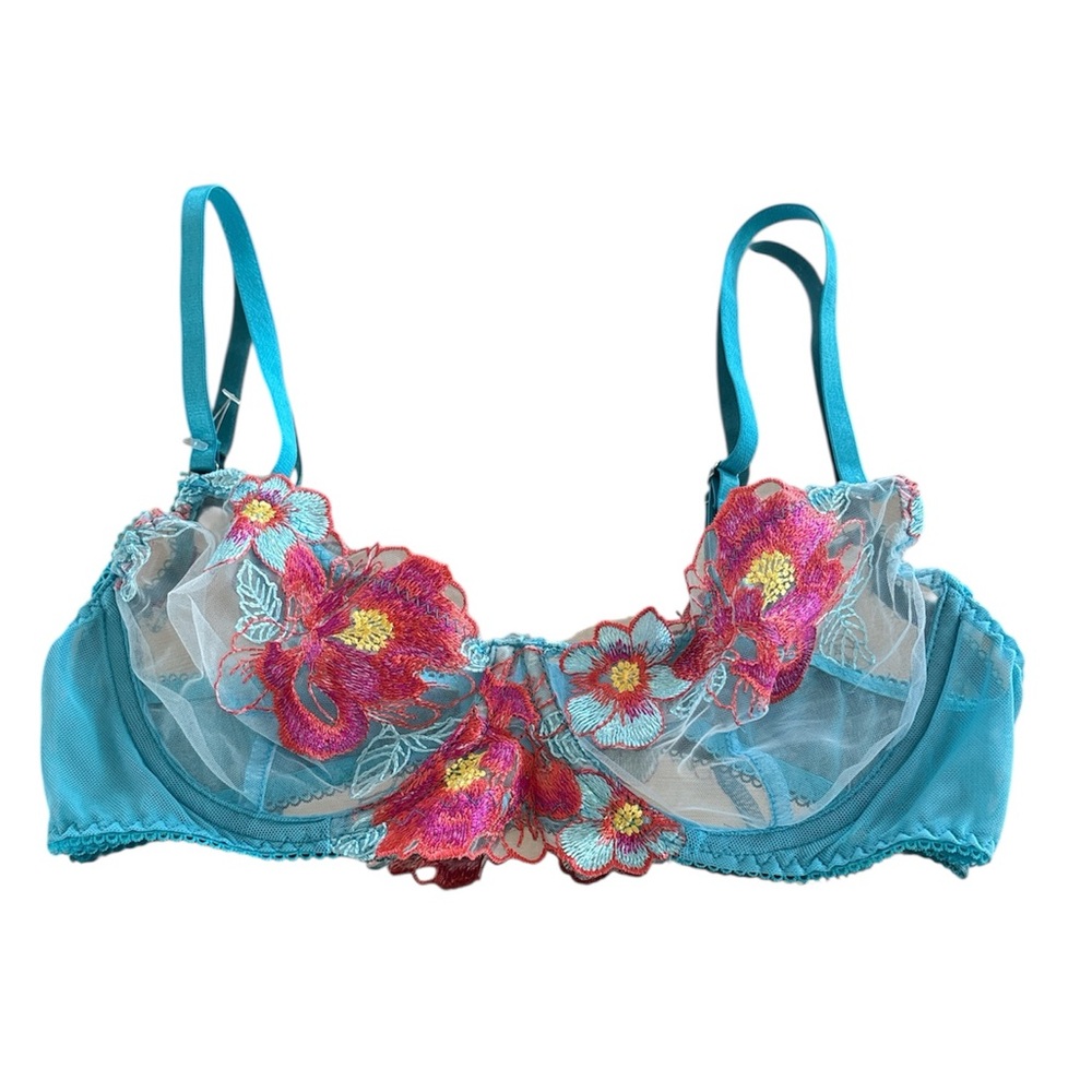 Floral Embroidered Teal Bra flower design medium